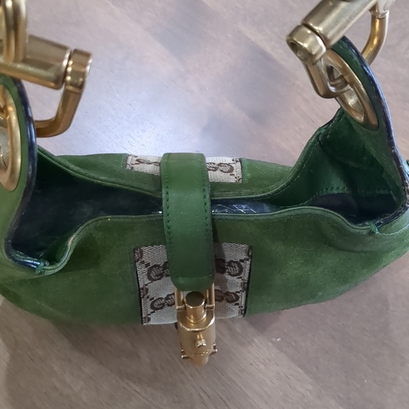 Gucci Olive Suede Shoulder Bag with GG Detail and Gold Hardware VINTAGE JACKIE - Picture 9 of 16